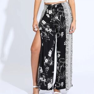 Rewash Wide Leg Border Wrap Pants Black Floral Size Medium